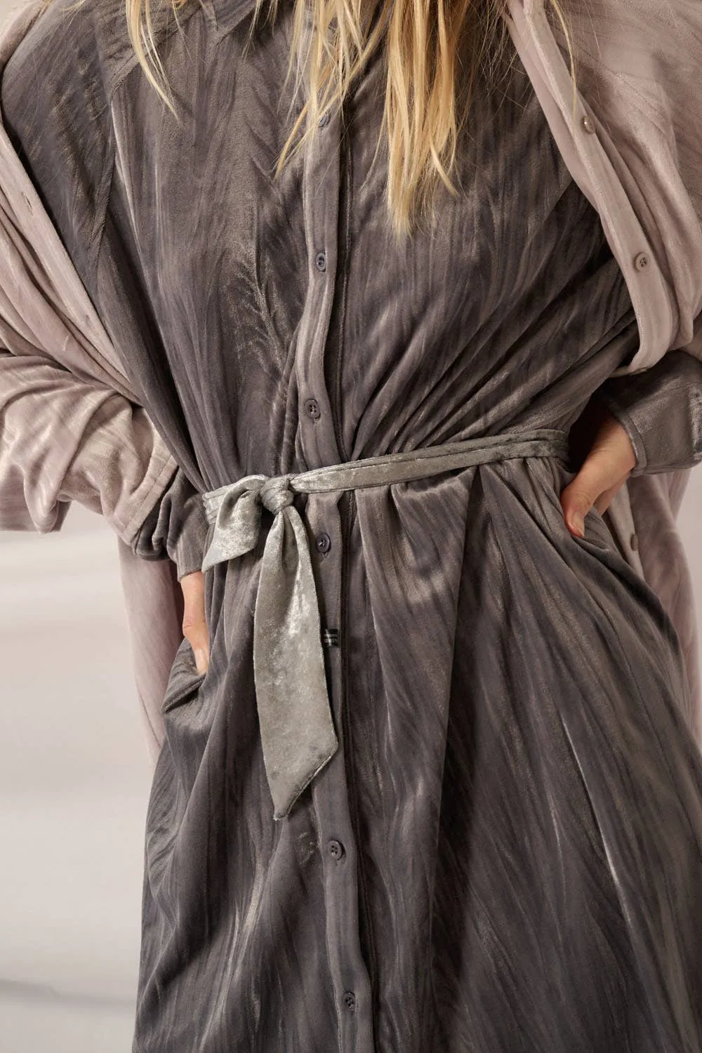 So Cool Metallic Crinkle Velvet Button-Up Mini Shirt Dress