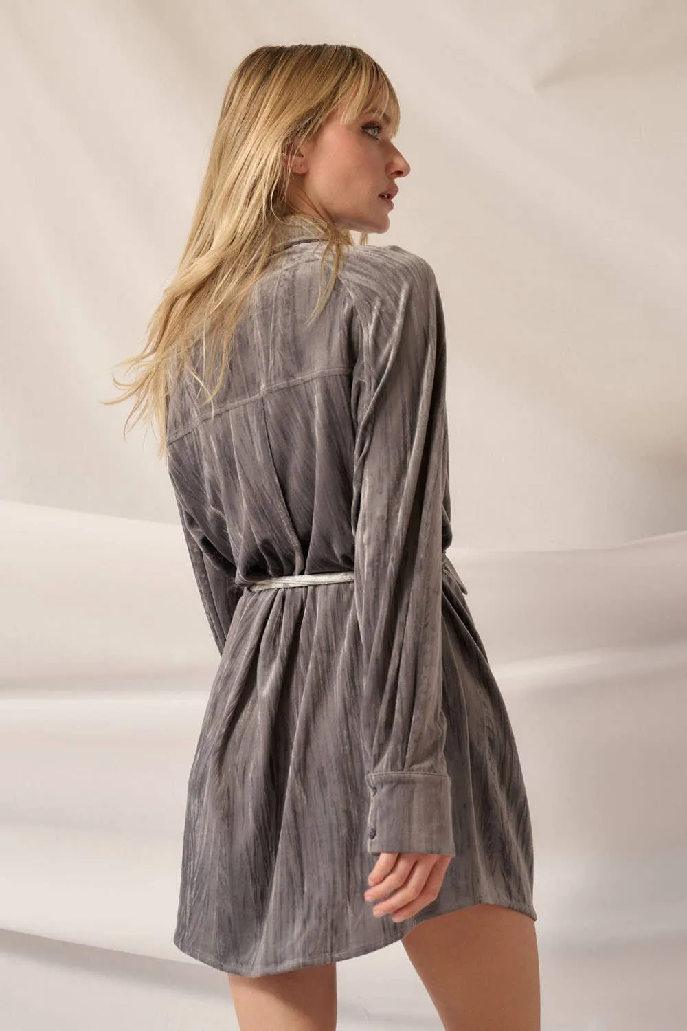 So Cool Metallic Crinkle Velvet Button-Up Mini Shirt Dress