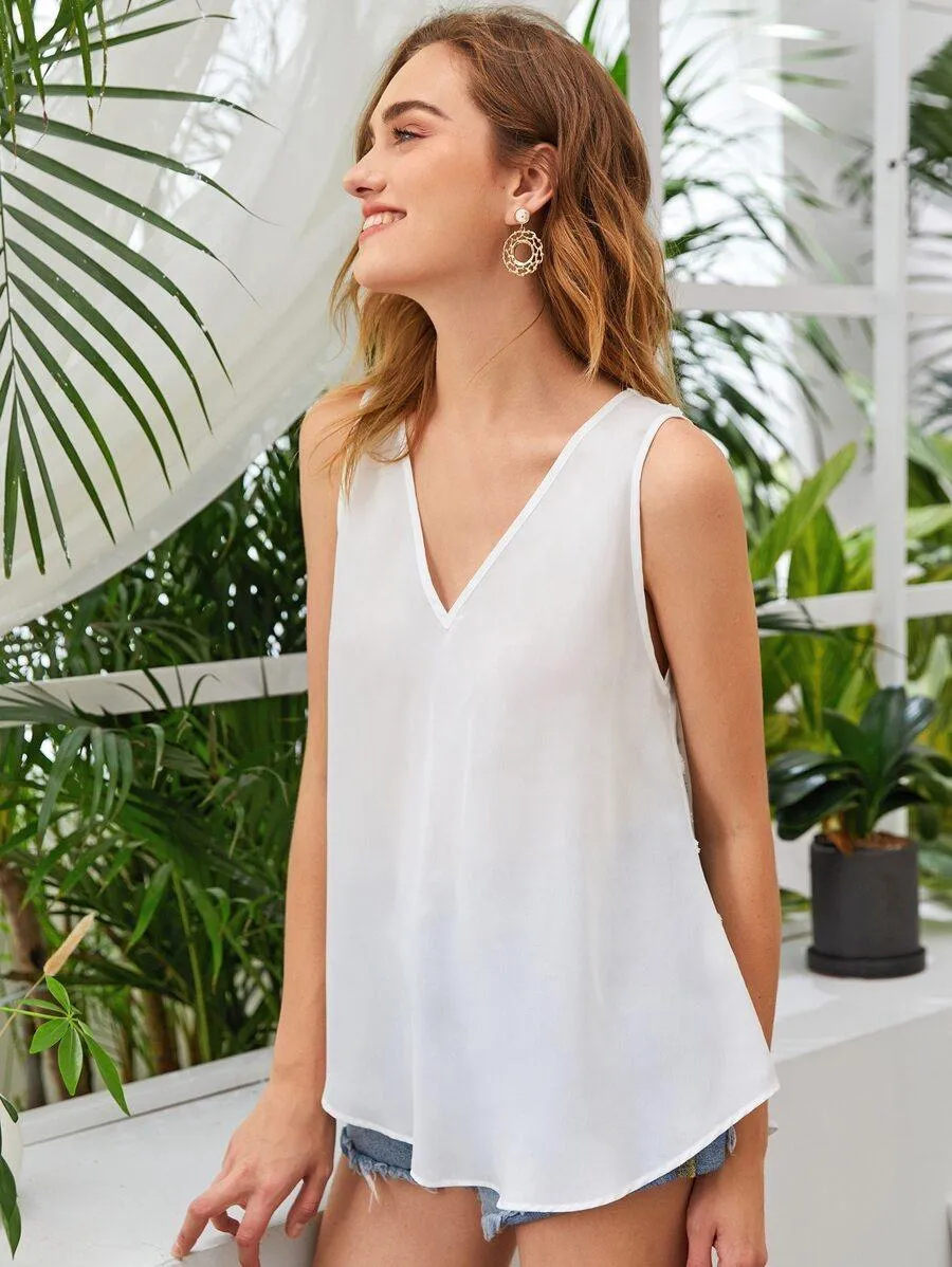 V-neck Curved Hem Swiss Dot Chiffon Back Top