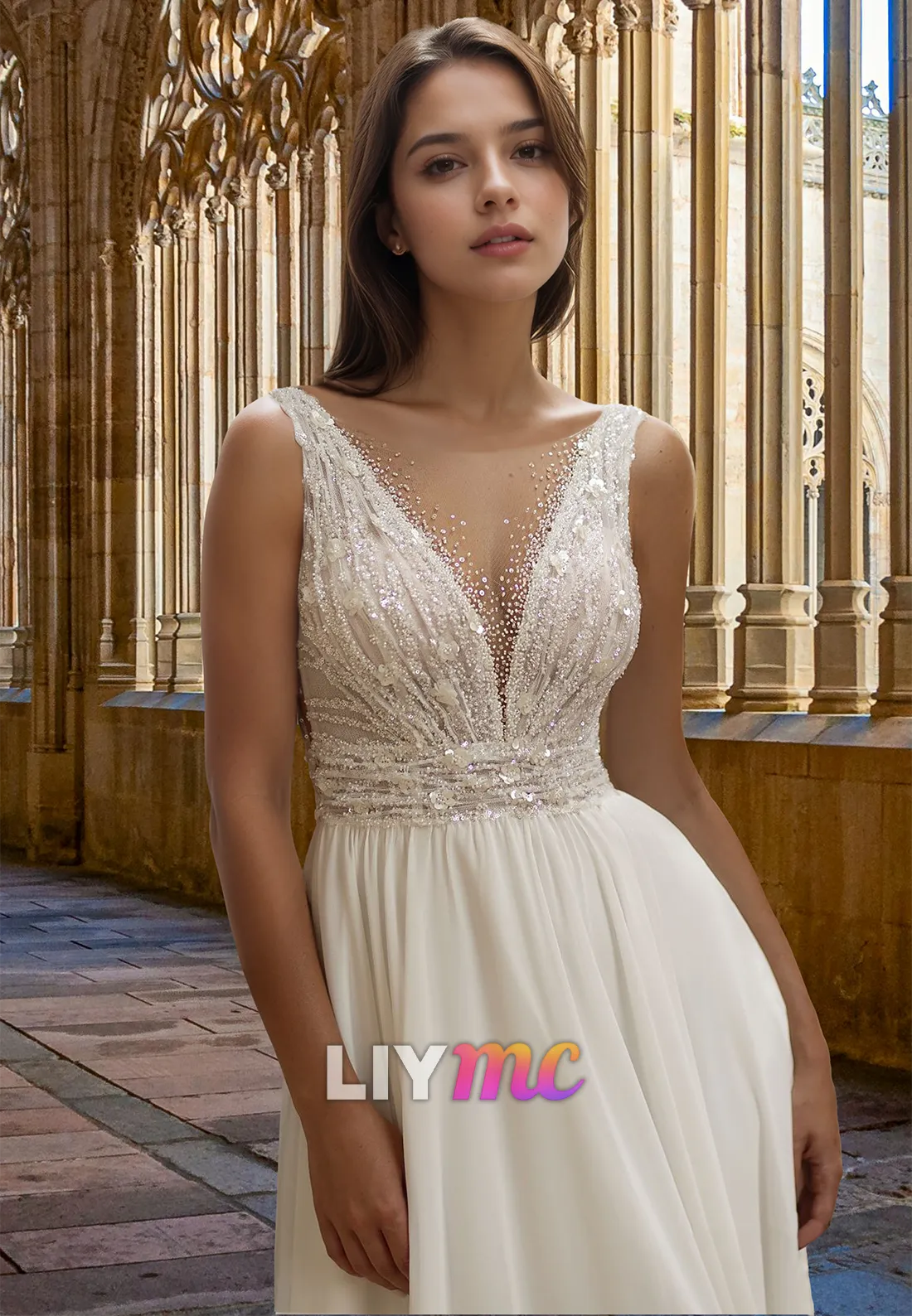 V-Neck Sleeveless Beaded Sequins A-Line Beach Wedding Dress