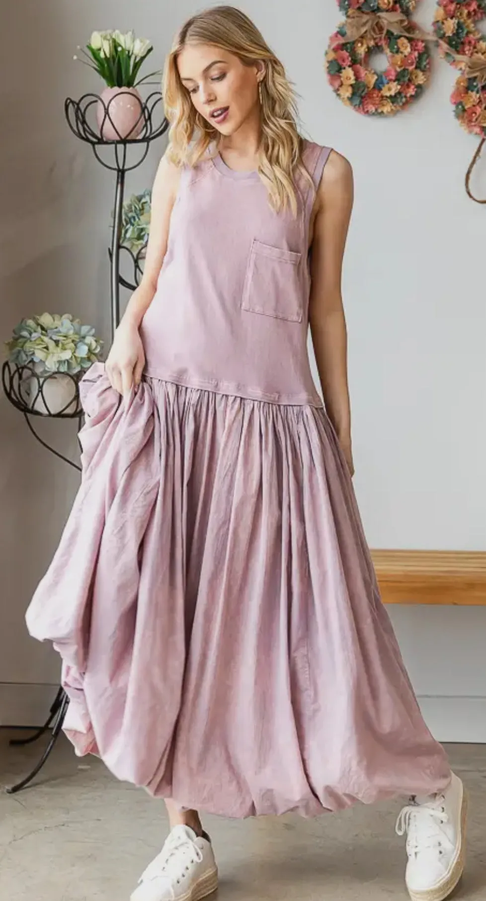 Washed Sleeveless Balloon Skirt Dress