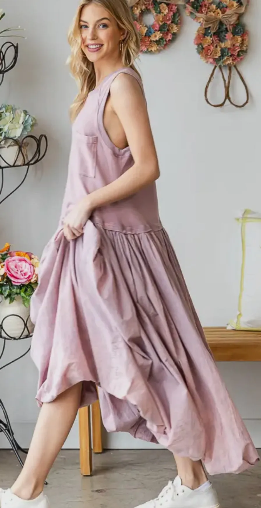 Washed Sleeveless Balloon Skirt Dress
