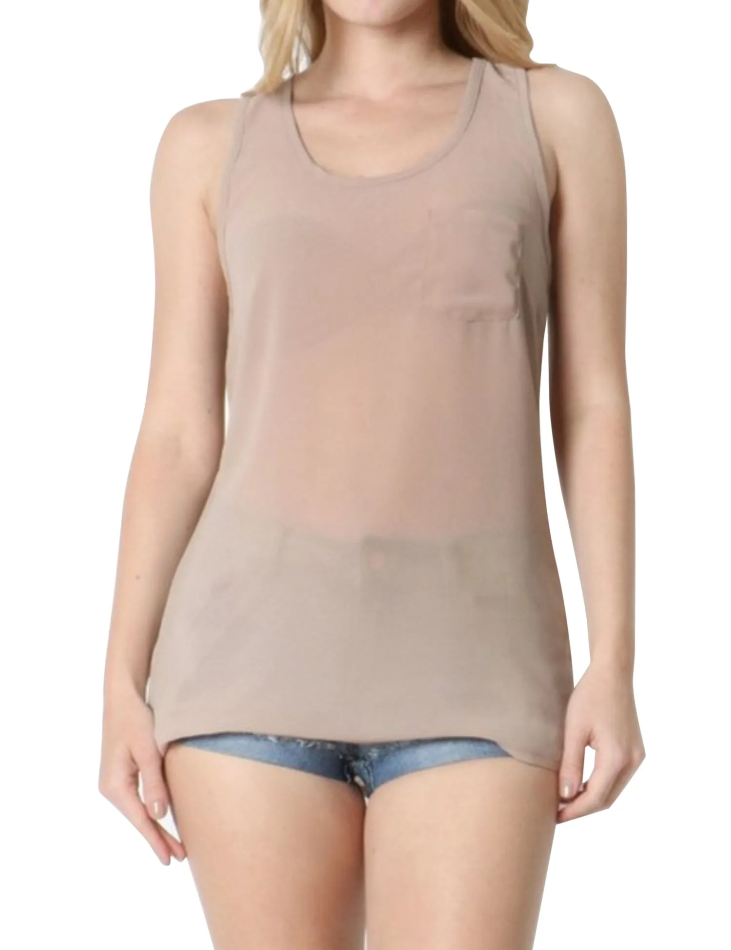 Womens Sheer Chiffon Racerback Tank Top Shirts with Front Pocket