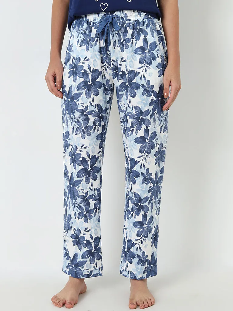 Wunderlove Blue Floral Print High-Rise Cotton Lounge Pants